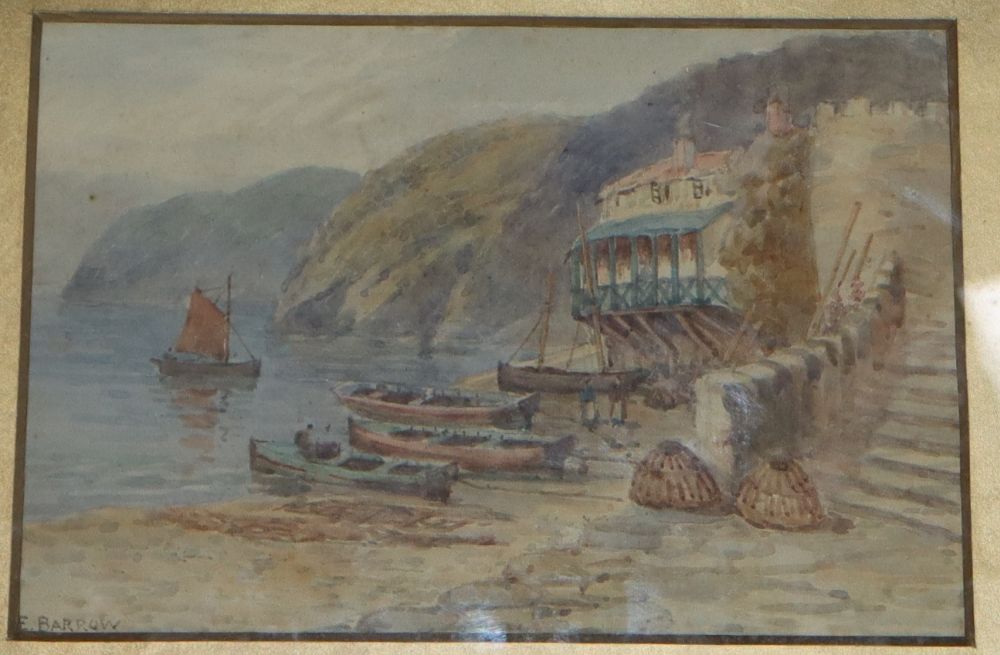 E. Barrow, watercolour, Coastal scene with lobster boats, 16 x 26cm